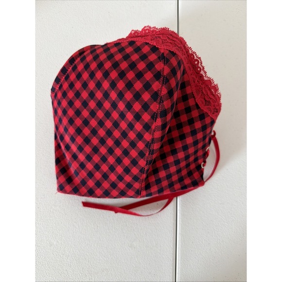 Fredricks of Hollywood Bra Red Gingham 40DD Lace up Black Front Bra Padded - Picture 10 of 10